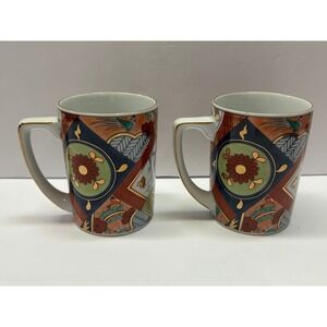 Set of 2 Neiman‎ Marcus Japanese Style Mugs NGeometric Gold Trim Coffee Tea Cups